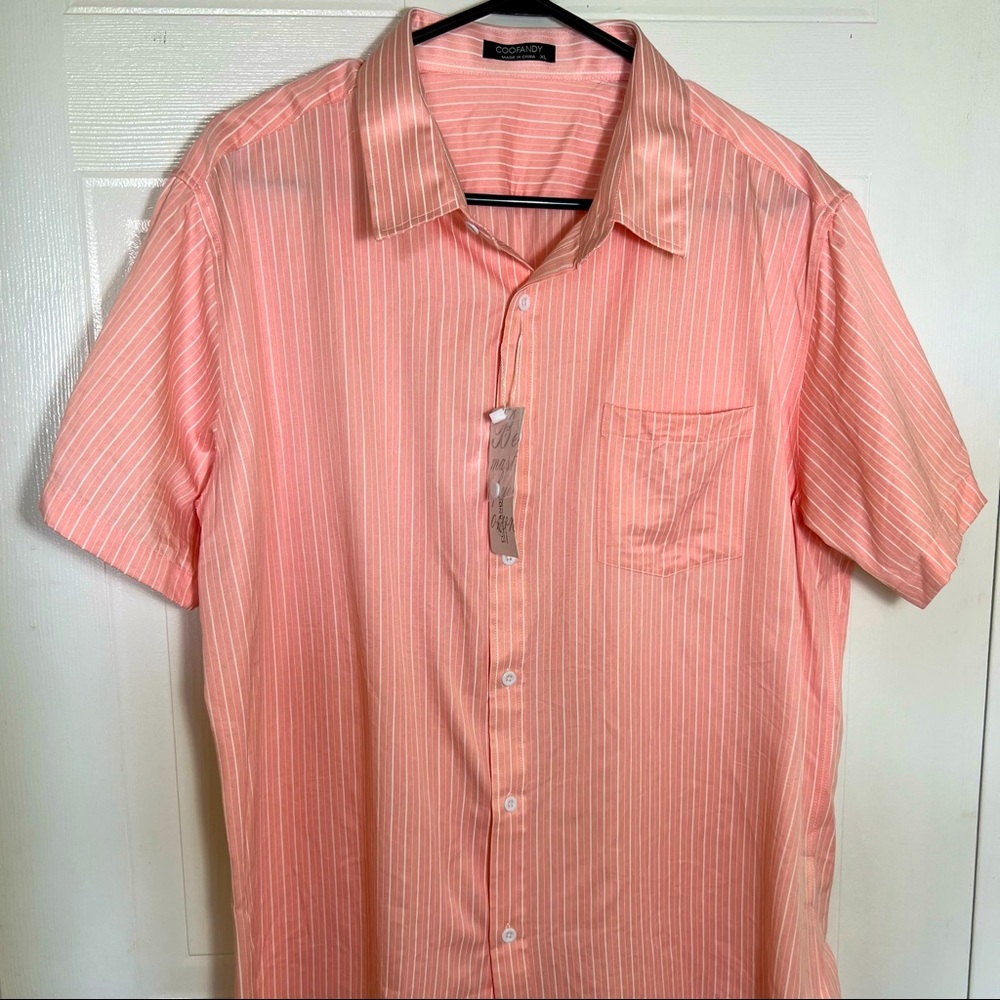 Pink and white striped casual button-down shirt